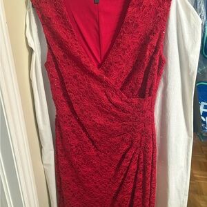 connected apparel Red Lace Surplice Midi Dress